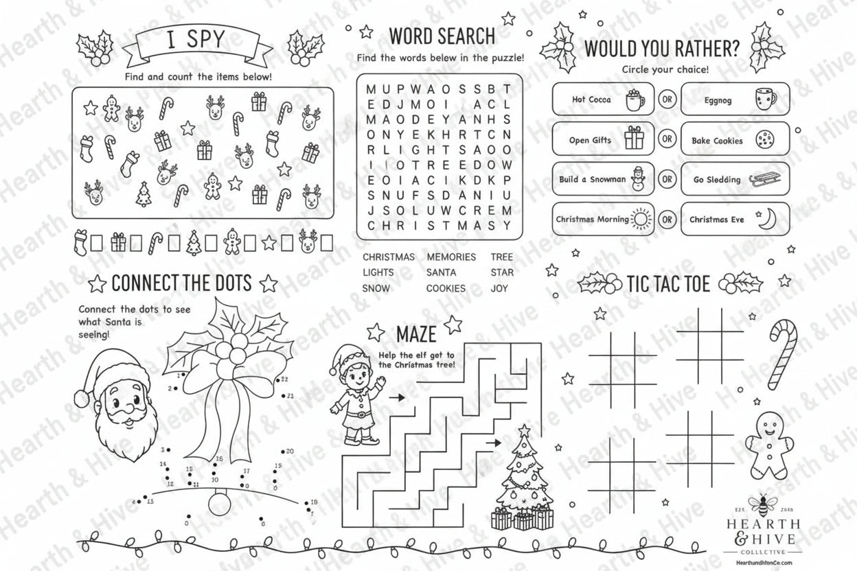 A festive black and white printable Christmas activity sheet featuring multiple children's activities including 'I Spy', 'Word Search', 'Connect the Dots', 'Would You Rather?', 'Tic Tac Toe', and a 'Maze'.