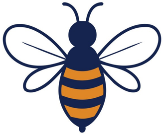 A stylized bee graphic with a dark navy blue body and wings, and orange-yellow striped bands, shown on a plain white background.