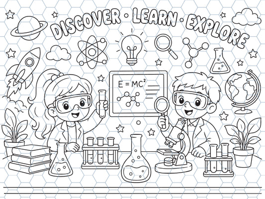 Discover, Learn, Explore Science Coloring Mat